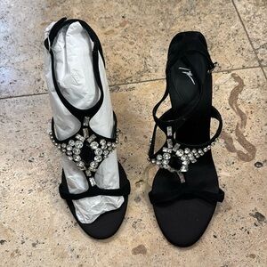 Brand new black satin sandals with blue jewel